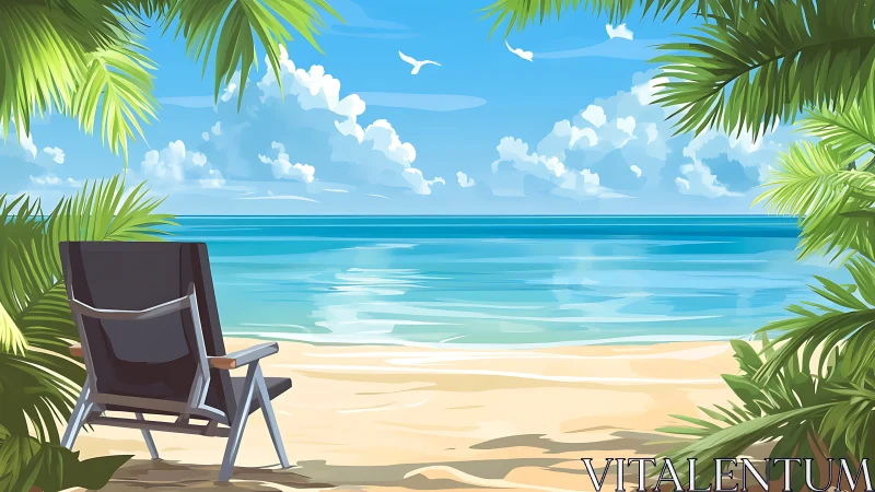 Beach chair positioned under palm fronds overlooking tropical ocean