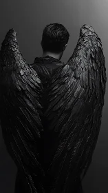 Dark feathered wings on a solitary male figure, back view.