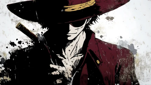 Shadowed swordsman in red coat leans forward under wide hat