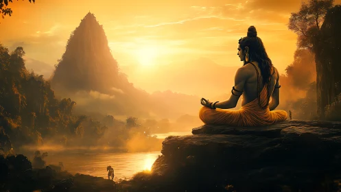 Meditating sage overlooks misty river valley at sunrise