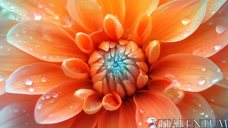 Orange dahlia flower with water droplets and blue center
