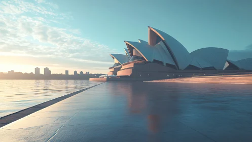 Low-angle sunrise perspective of waterfront shell-formed landmark