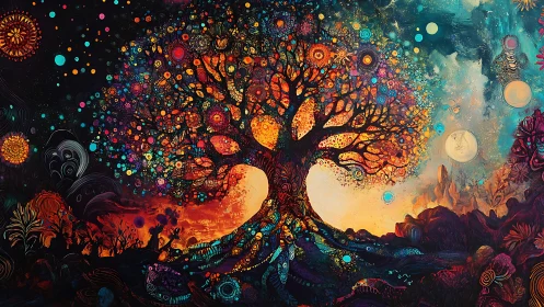 Cosmic roots drink starlight while dawn blooms through branches