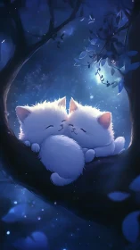 White cat seated in luminous forest setting with musical elements.