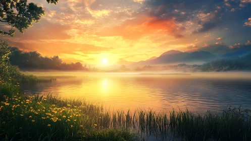 Sunrise drapes liquid gold across a misty mountain lake