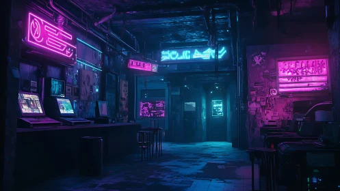 Neon-lit corridor displays computer terminals in dim interior