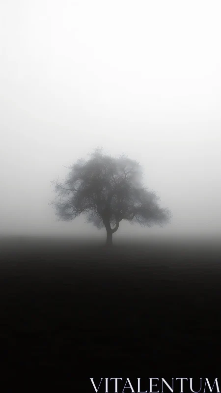Solitary dream-tree anchored in an ocean of morning fog.