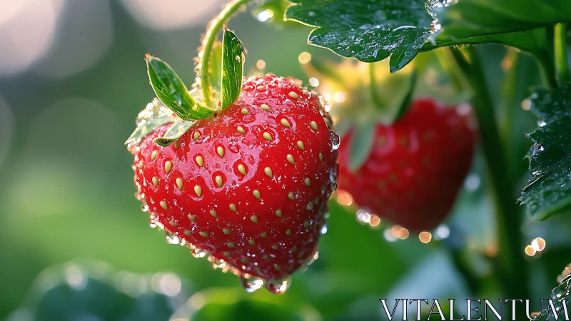 Ripe garden strawberry glistens with morning dew droplets.