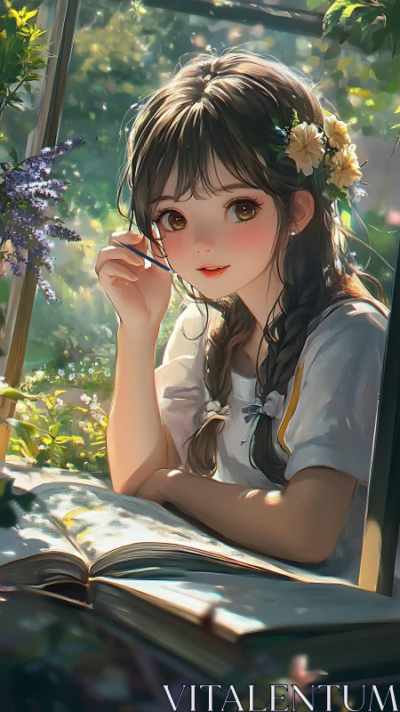Anime garden portrait with sunlit study window composition.