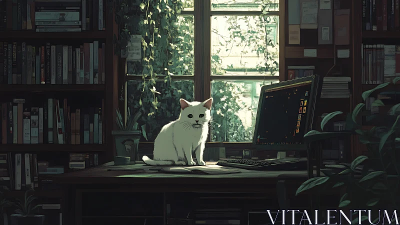 White Cat Seated at Workspace with Monitor and Bookshelves