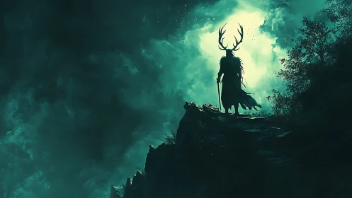 Silhouetted antlered warlord stands on jagged cliff under backlit storm
