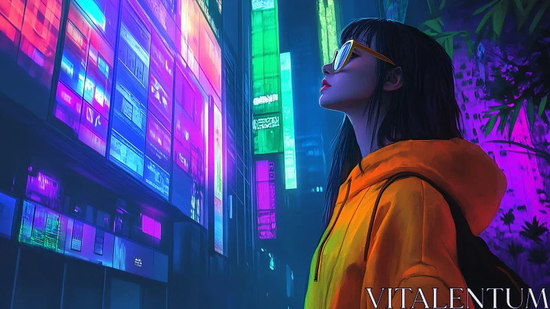 Girl in neon city street studies glowing holographic billboards