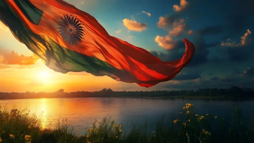 Sunset river wind turns Indian tricolour into living fire