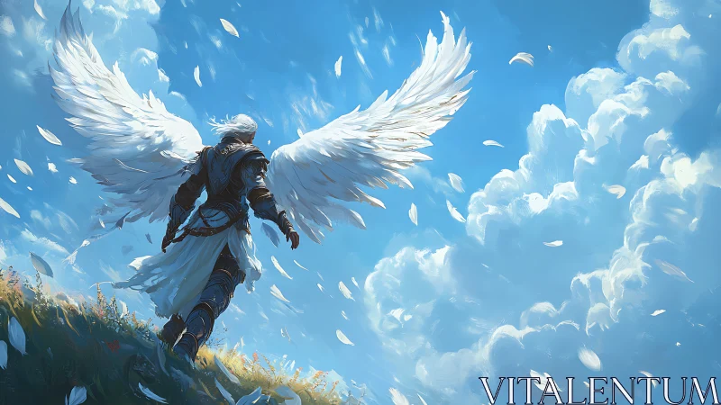 Armored seraph ascending through cumuliform skyfield strata.