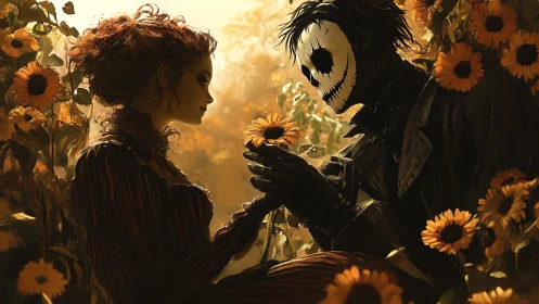 Skeletal Figure Offering Sunflower to Woman in Field