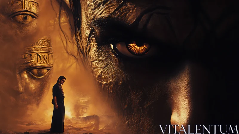 Lone warrior confronts a colossal fiery gaze in desert shadows