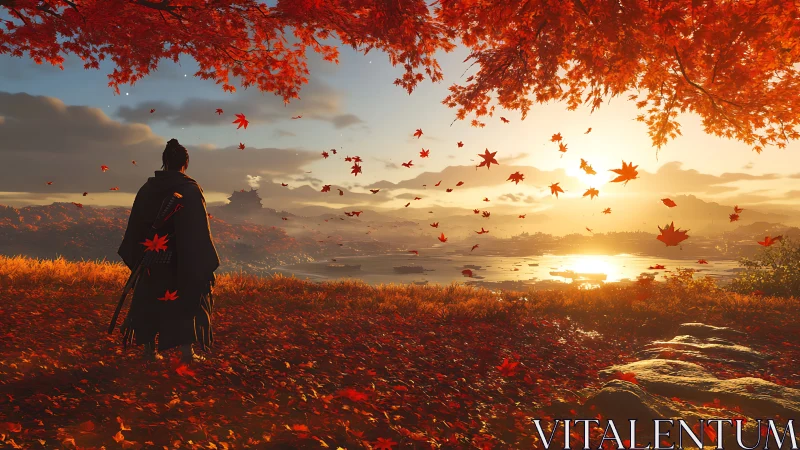 Samurai silhouette in volumetric autumn sunset environment.