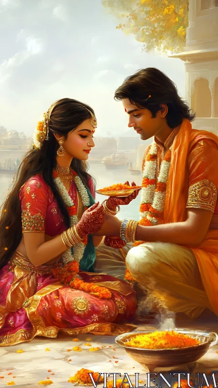 Digital painting of Indian couple sharing sacred wedding ritual.