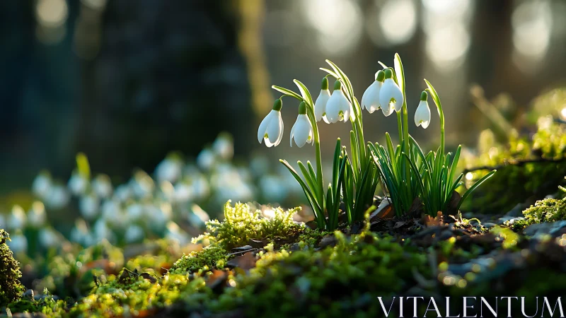 Snowdrops bloom through moss in spring's first light.