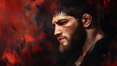 Brooding fighter in ember-lit brushstrokes of quiet fury.