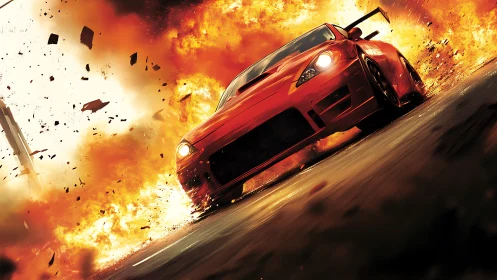 Red Sports Car Bursting Through Explosive Chaos.