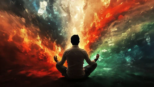 Calm meditator sits between swirling fire and ocean light