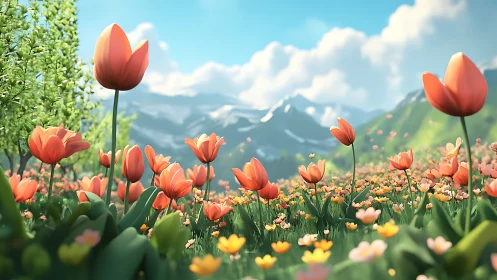 Crimson Tulips Dance Against Alpine Peaks