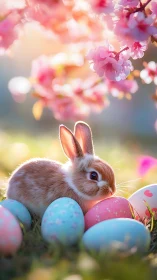 Brown rabbit rests among painted eggs under pink blossoms