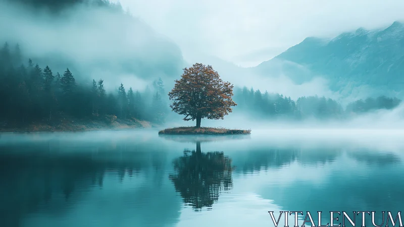 Solitary lakeside tree cradled in misty mountain calm.