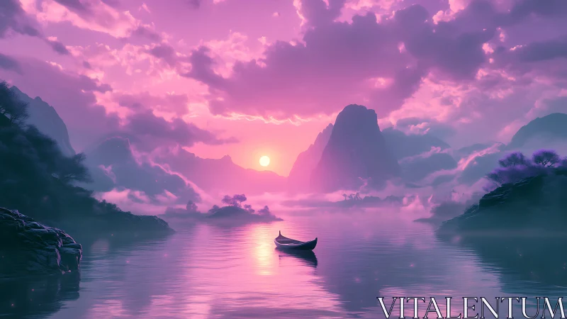 Violet dusk boat drifts across misty mountain lake horizon.