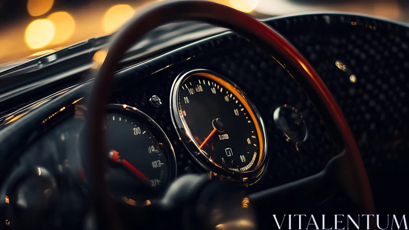 Vintage car speedometer glows under warm bokeh lights