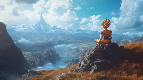 Superhero meditates above vast snowcapped fantasy valley.