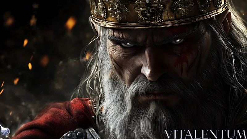 War-scarred king with burning gaze in dark battlefield.