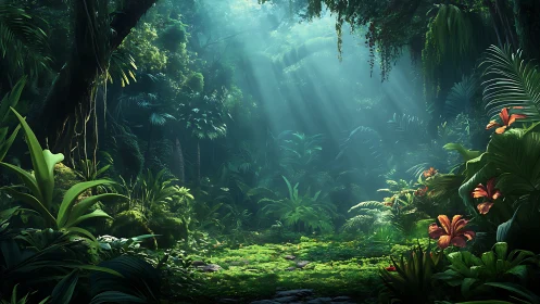 Mystical Jungle Sanctuary with Golden Light Rays.