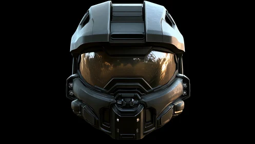 3D tactical combat helmet render with mirrored visor frontview.