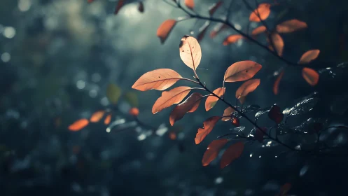 Autumn Leaves on Branch in Moody Soft Focus Nature Photography.
