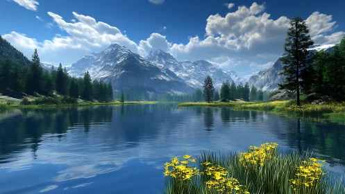 Mountain lake vista with crisp reflections and wildflowers.
