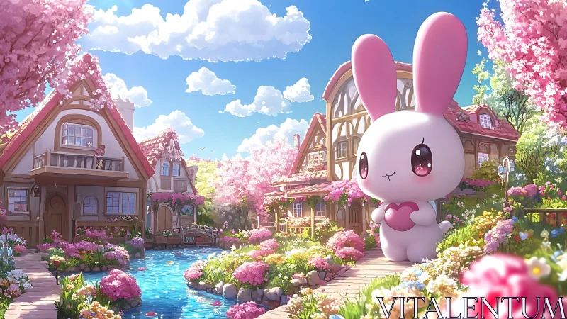 Large pink-eared bunny figure in floral village setting.