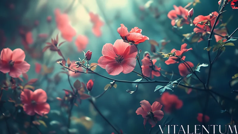 Soft-focus coral blooms with teal atmospheric depth and selective focus