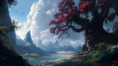 Ancient crimson tree overlooks luminous fantasy valley.