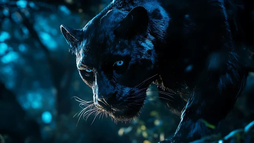 Blue-toned feline portrait with luminescent background