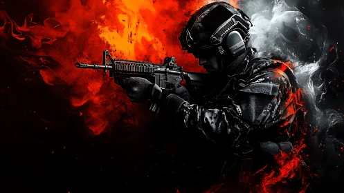 Combat soldier with rifle in red and black digital fire.