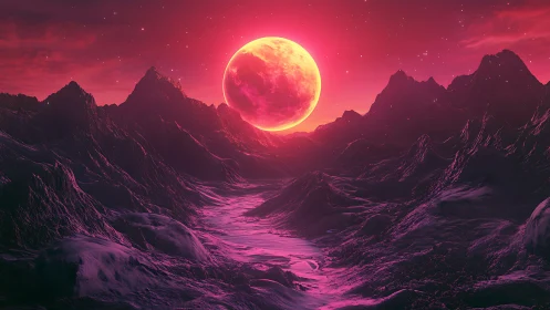 Crimson moon pours molten light across alien canyons