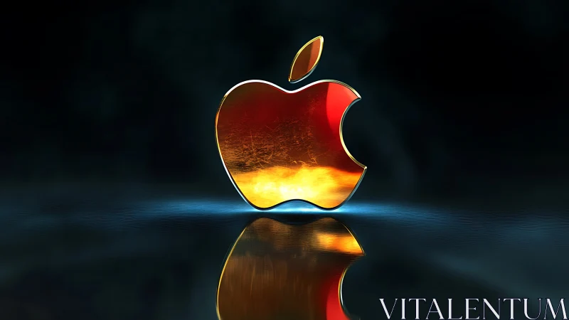 Metallic apple-shaped emblem reflects on dark glossy surface