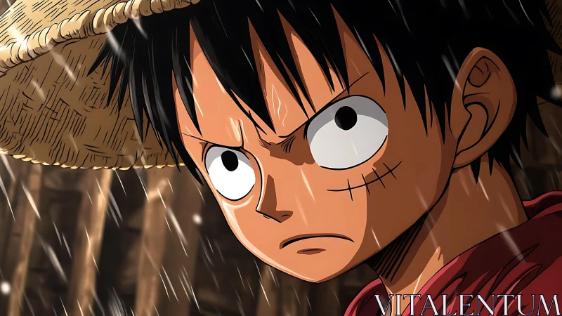 Intense anime close-up under rainfall with dynamic rim lighting