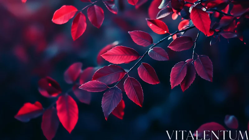 Crimson leaves drifting gently through twilight calm.