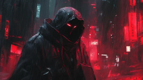 Hooded figure with glowing red eyes stands in neon rain