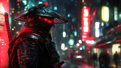 Neon samurai sentinel walking through a rain-soaked city night.