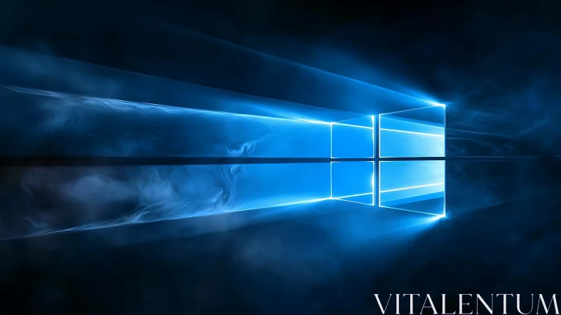 Glowing blue window logo in dark digital misty space.