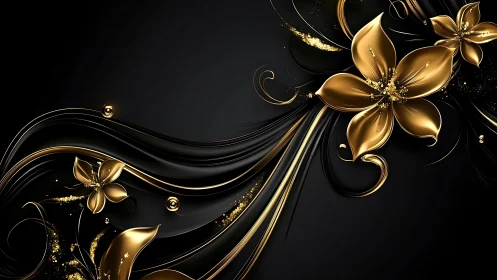 Gold Floral Motifs Against Black Background.